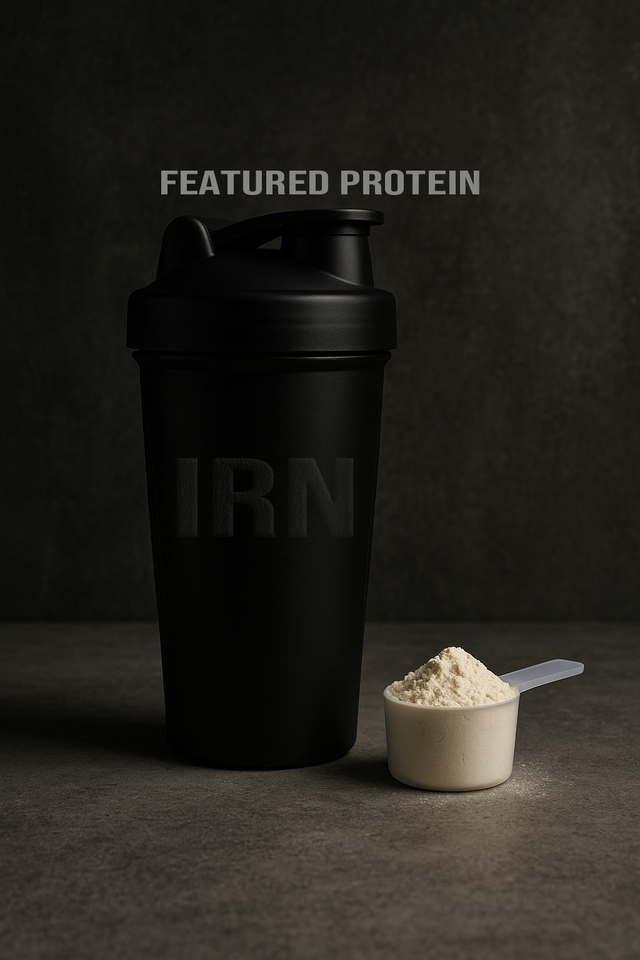 Black protein shaker and scoop of protein powder on a dark surface with 'Featured Protein' text.