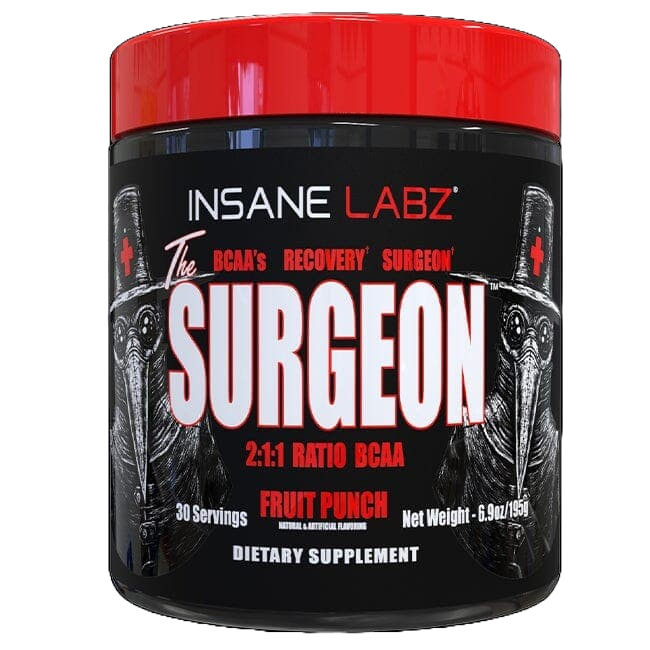 Insane Labz 'The Surgeon' supplement container with red and black design.