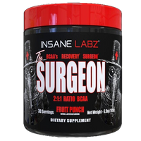 Insane Labz 'The Surgeon' supplement container with red and black design.